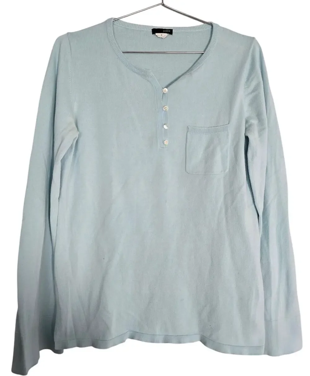 J.Crew Womens Medium Blue Cotton Button Henley Long Knit Shirt Preppy Casual